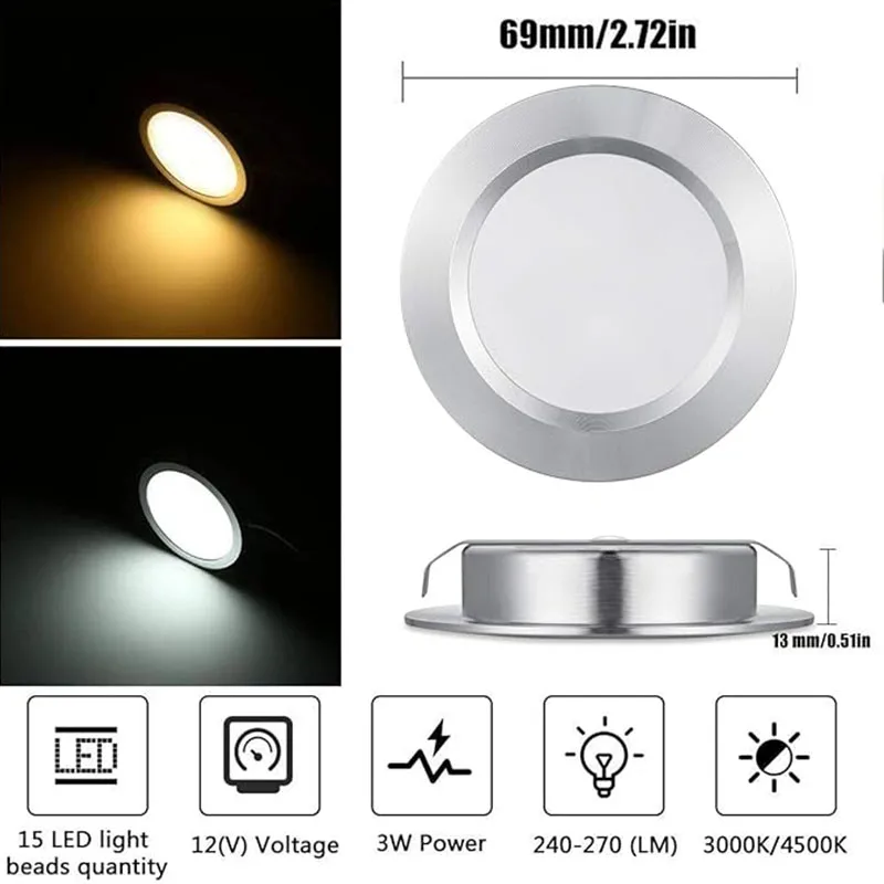 Ultra-Slim LED Ceiling Light Waterproof Recessed Fixture for RV Kitchen Cabinets Wine Cabinets Showcase Display