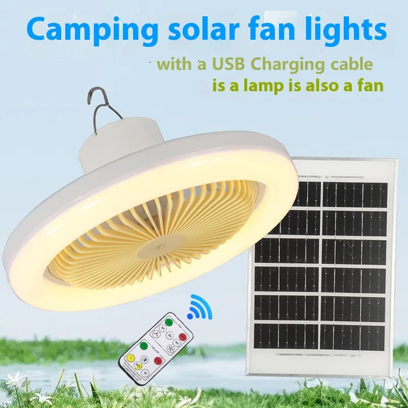 6000mAh Solar Camping Tent ceiling Fan Light with Solar Panels Ceiling Fan with Led Light Remote Control