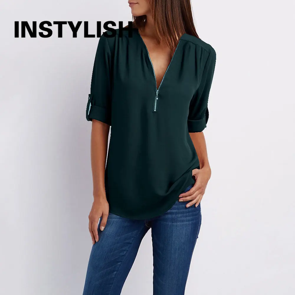 Casual Long Sleeve Zipper V Neck Loose Chiffon Blouse Women Elegant Solid Basic Shirts Office Lady Spring Summer Tops Streetwear