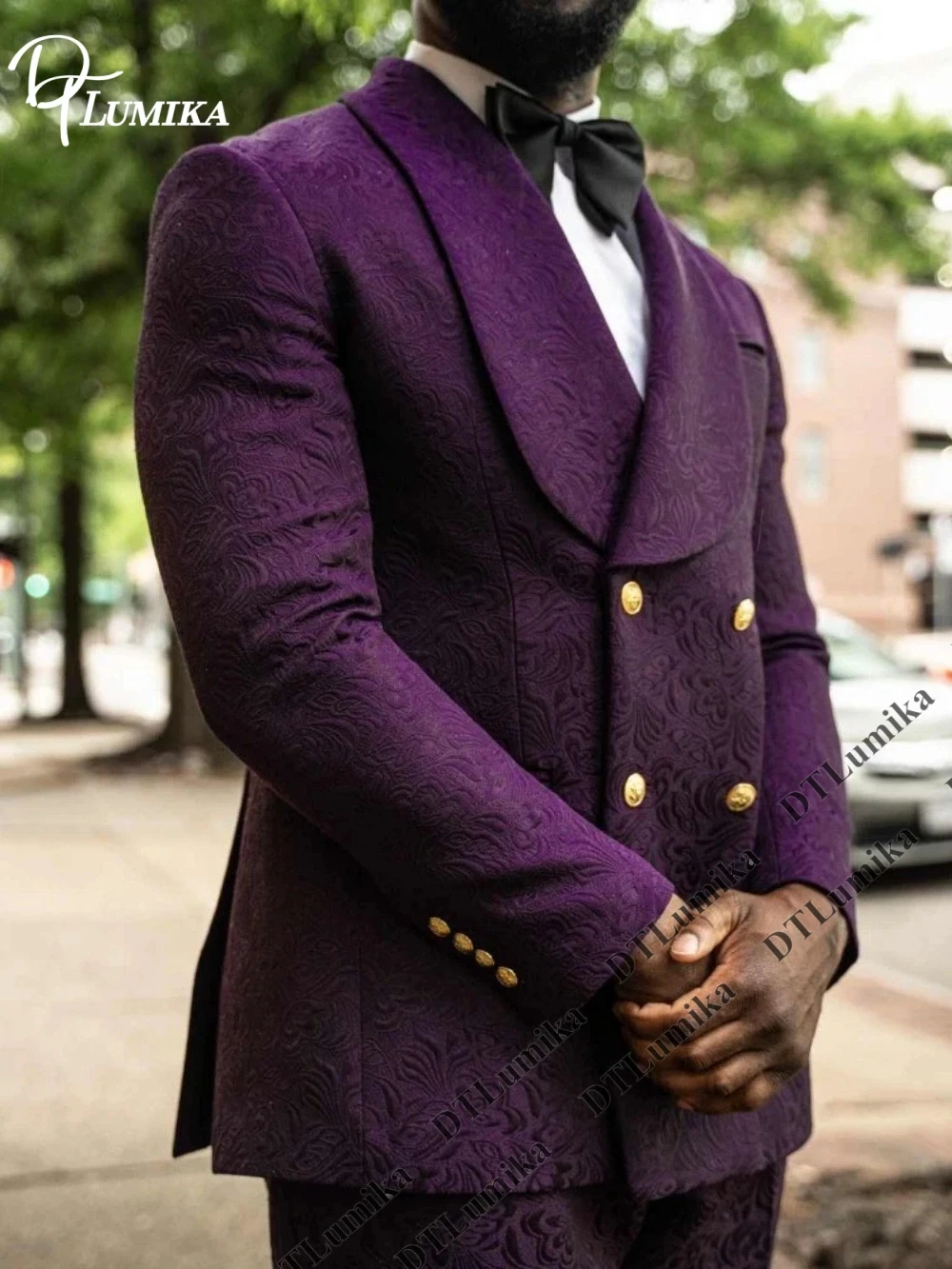 Two Pieces Elegant Double Breasted Jacquard Suit Pant for Men, Gold Buttons Tailored Fit Wedding Groom Suits, Plus Size Tuxedo