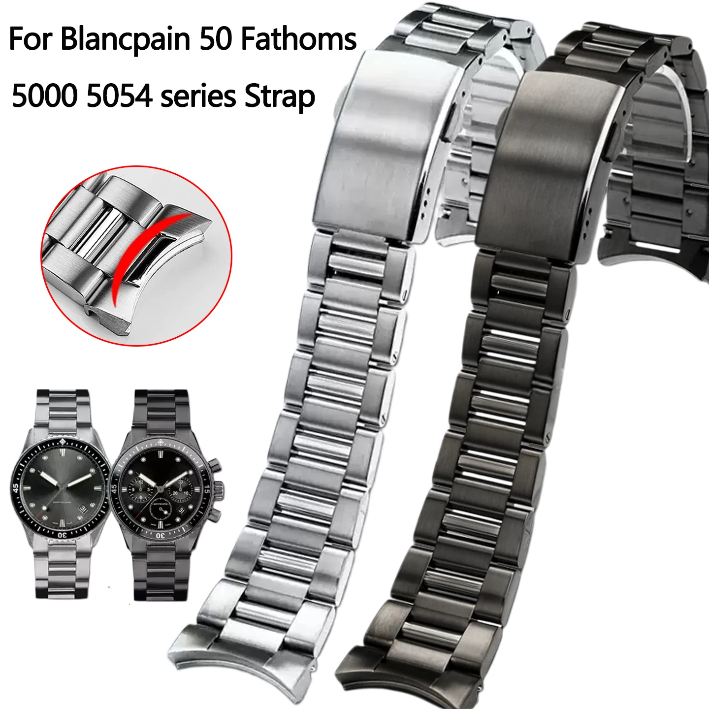 Curved end Solid stainless steel strap For Blancpain Fifty fathoms 5000 5054 series waterproof Watch band 23mm Men's Bracelet