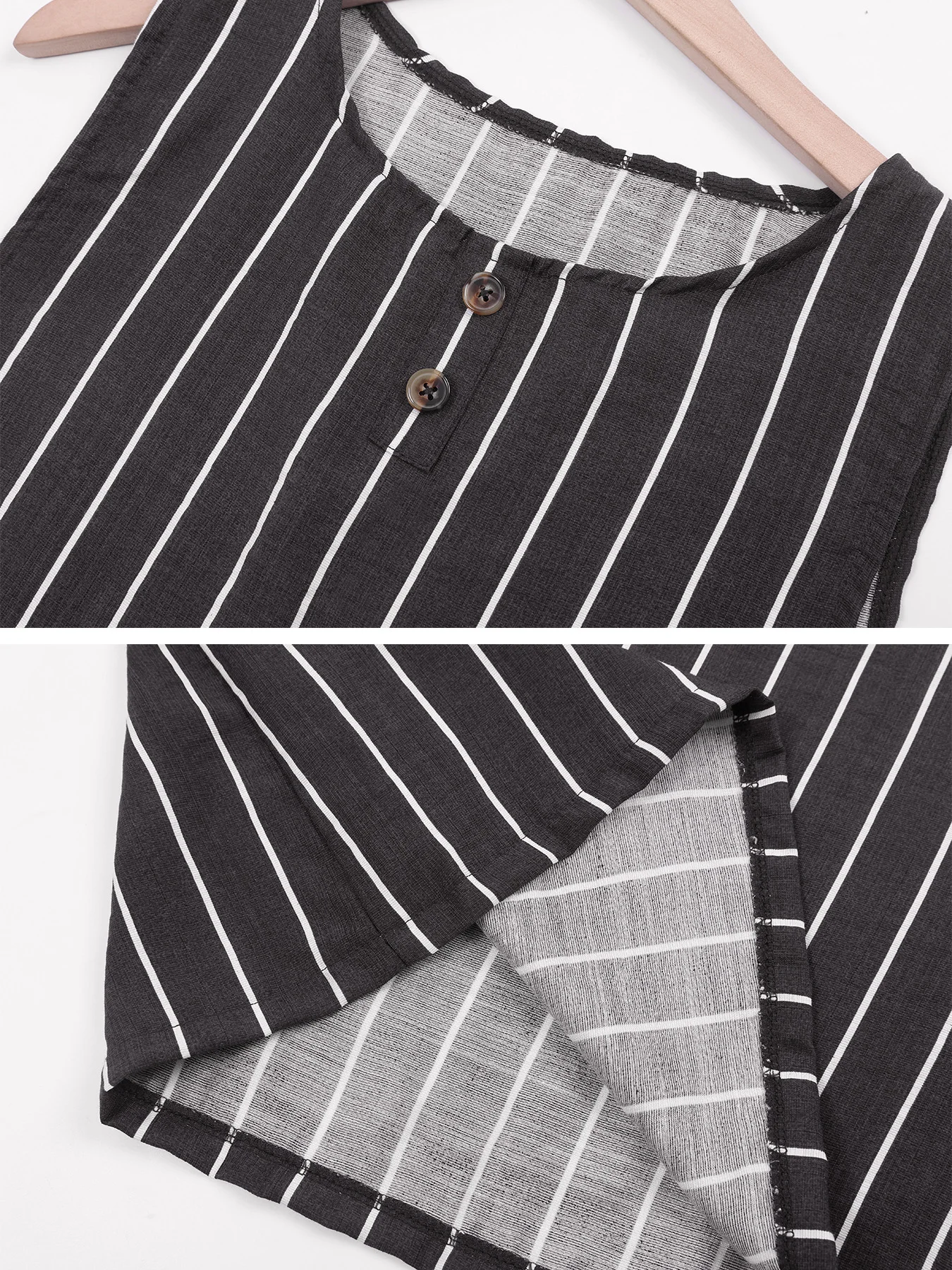 Gestreiftes zweiteiliges Outfit für Damen, ärmelloses Tanktop mit Knöpfen und elastische Hose mit weitem Bein und Kordelzug, lässiger Urlaubskostüm – Detail 32