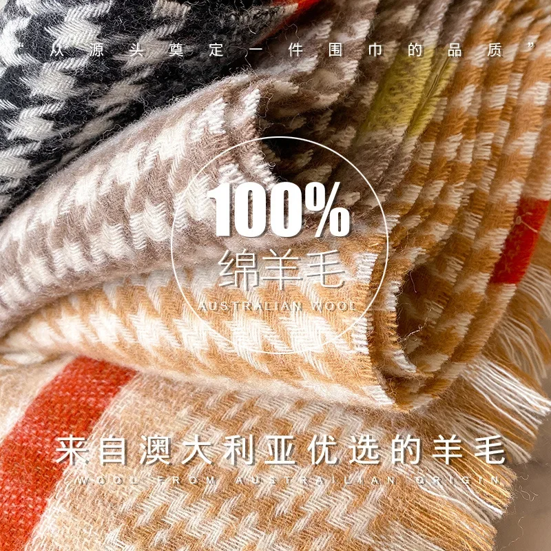100% Wool Houndstooth Scarf Women Winter Stylish Thick Pashmina Shawl Knit Neck Warmer Cold Weather Scarves Bufanda Neckerchief