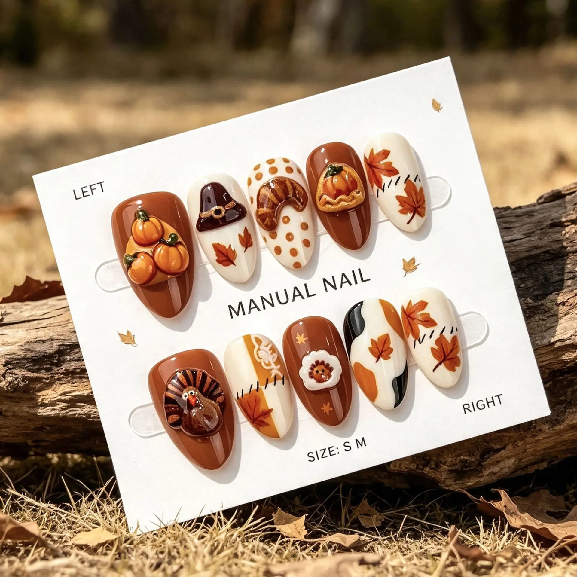 30pcs 3D Polka Dot Glossy Press On Nails Pumpkin Turkey Maple Leaf Croissant Fake Nail Short Almond Full Coverage Nail Tips