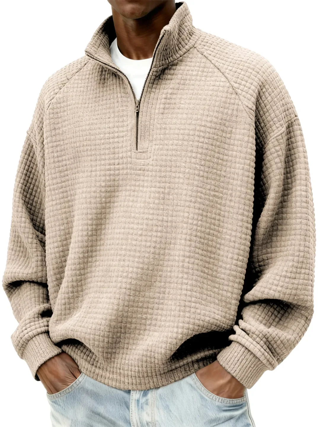 Men Vintage Waffle Textured Quarter Zip Sweatshirt Stand Collar Long Sleeve Pullover Casual Everyday Top for Outdoor Layering