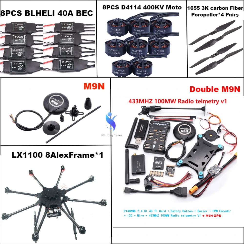 

LX1100 Full Carbon Fiber 1100mm Octa-Rotor Frame BLHELI 40A ESC PX4 Pixhawk 2.4.8 Double M9N Flight Comtrol Set D4114 Motor