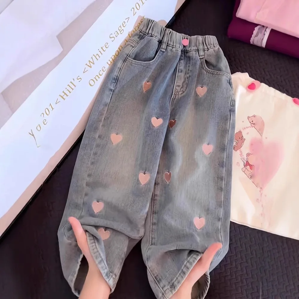 2026 Pants Girls Spring Autumn New Trousers Straight Leg Wide Leg Jeans Childrens Jeans Middle Childrens Heart