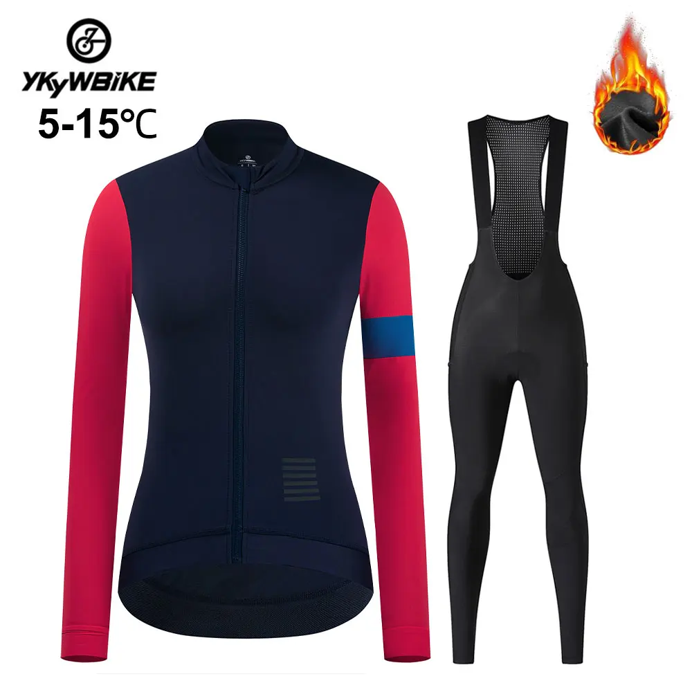 YKYWBIKE Women Winter Fleece Pro Cycling Jersey Sets Mountian Bicycle Clothes Wear Bib Pants Racing Bike Clothing Cycling Set