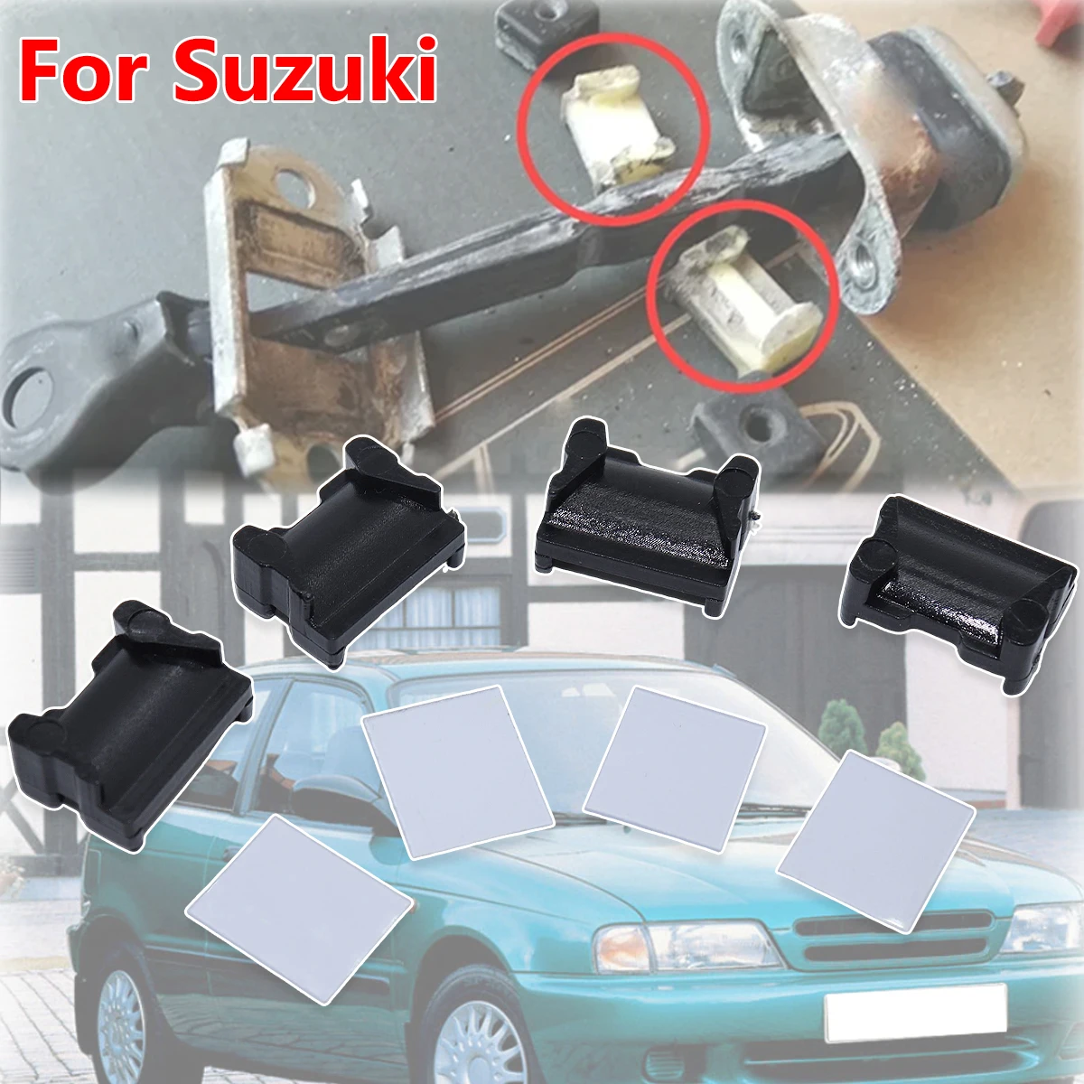 Kit de réparation de limitateur de porte 4 pièces pour Suzuki BALENO CULTUS CRESCENT ESTEEM, avec ressorts amortisseurs et clips noirs