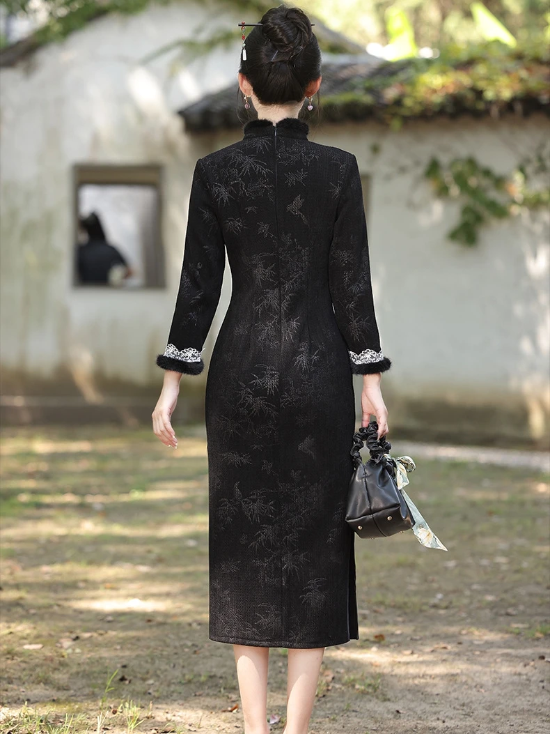 Ele Thiened Fce Young Sle Version améliorée hiver Vintage minceur Qipao Dr motif Floral Long Sve Long Dr