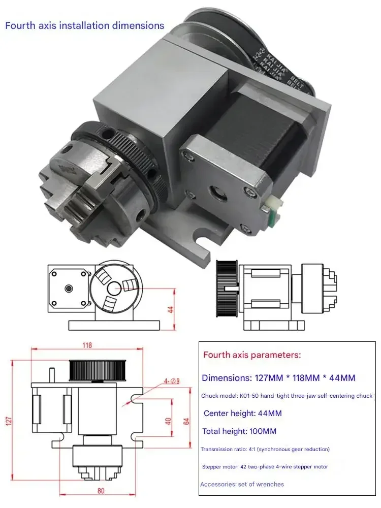 K01-50 Durable Hand-Tightening 3-Jaw Self-Centering Chuck & 42mm Compatible 2-Phase 4-Wire Stepper Motor for CNC 1520 Engraving
