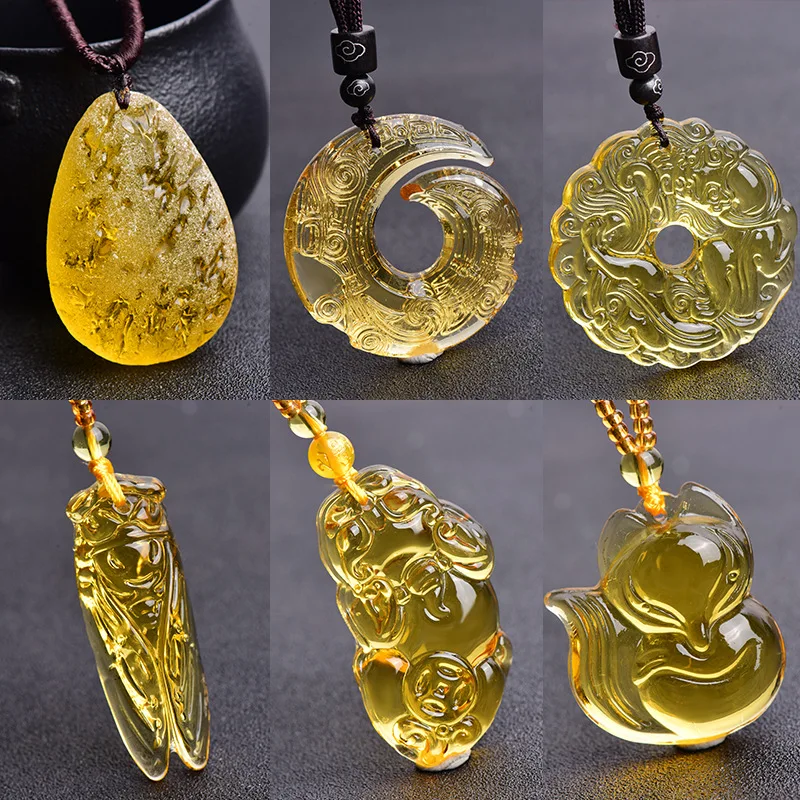 Unisex Citrine Exquisite Pendant Pixiu Ward Off Evil Fox Cicada Auspicious Cloud Buckle Necklace Men Women Lucky Jewelry