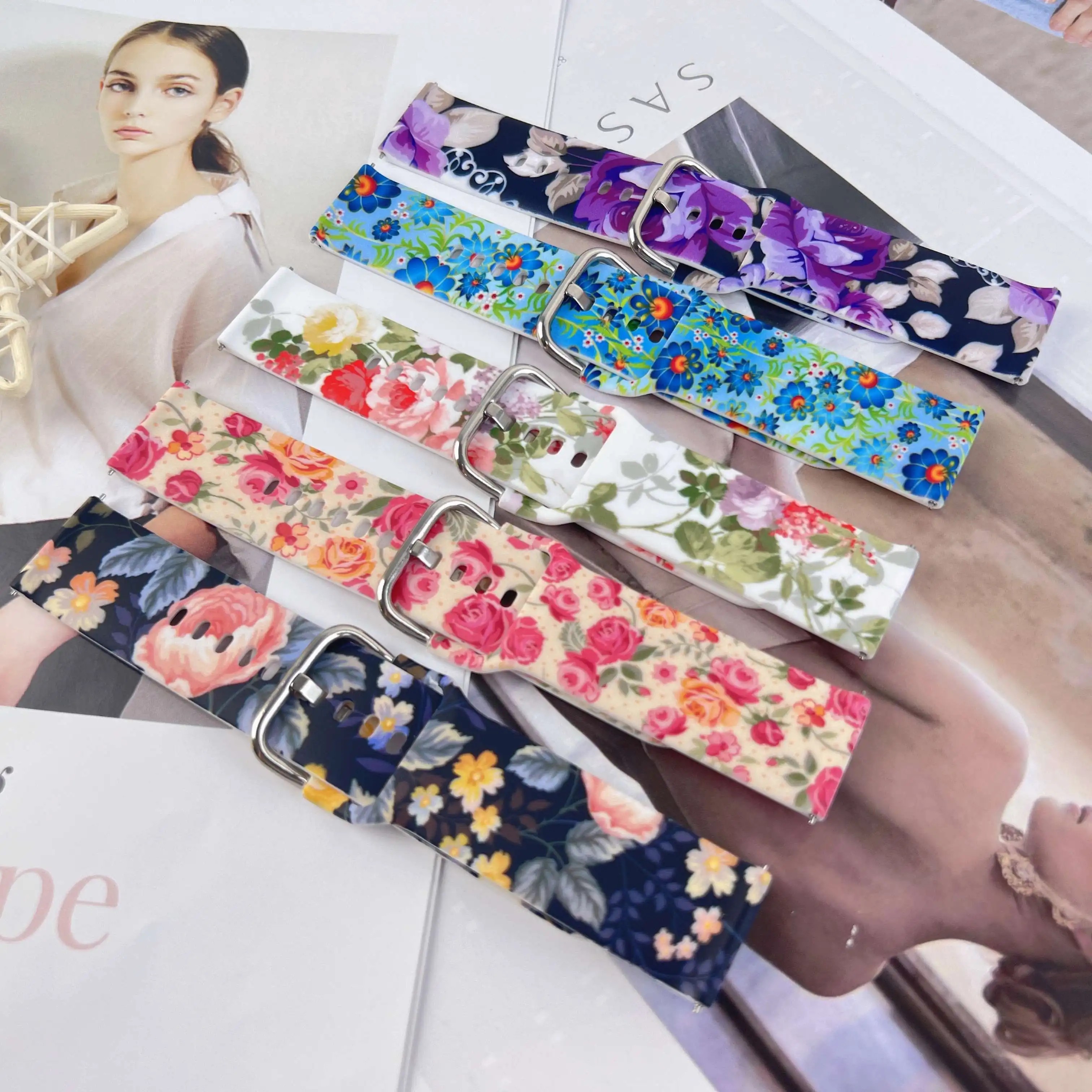 20mm Flowers Printed Strap for Samsung Galaxy Watch 6/5/4 40mm 44mm Sport Band Replaceable Bracelet 22mm for Amazfit Balance