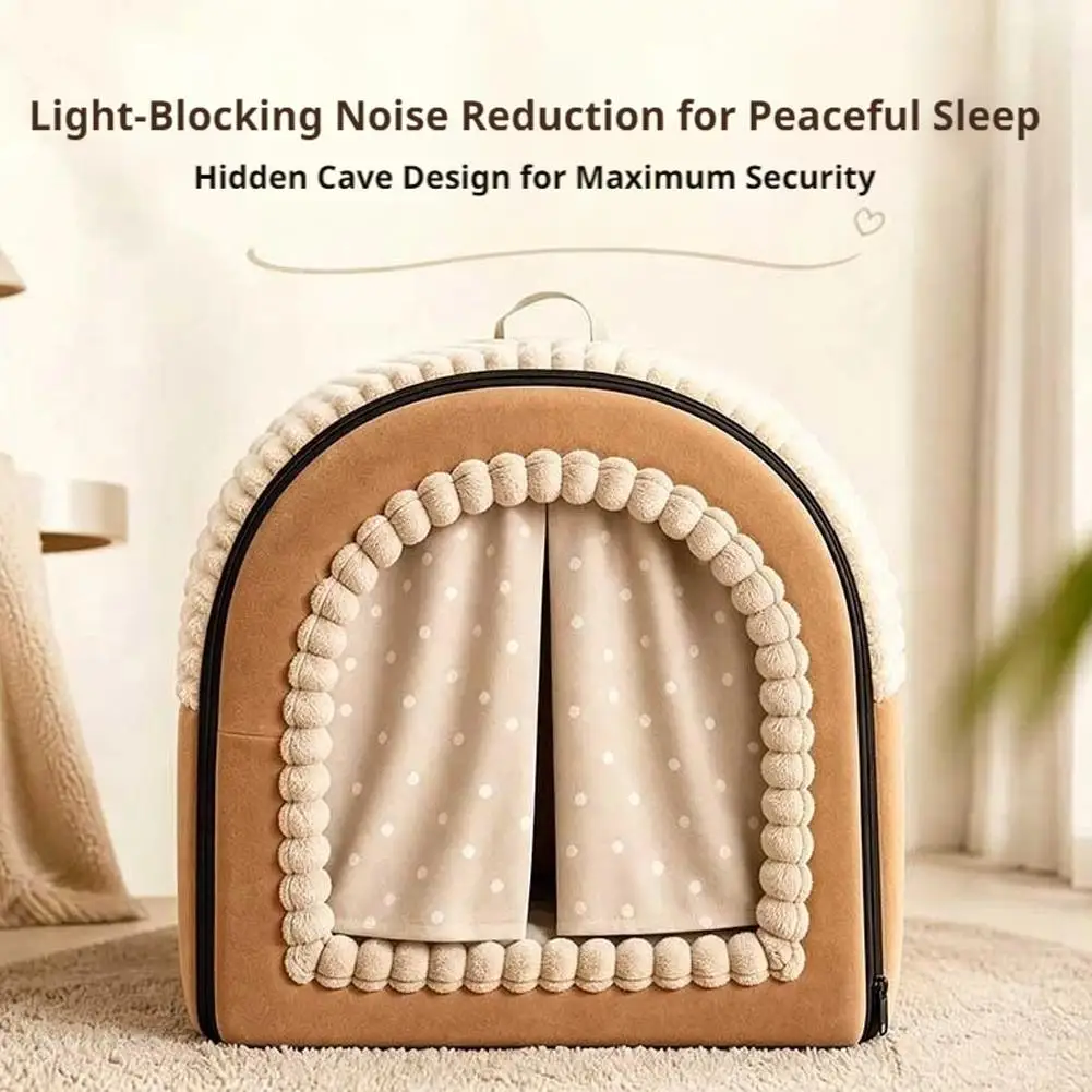 Winter Warm Enclosed Cat Bed Cave House with Curtain Portable Pet Tent Nest for Small Dogs Kittens Pet Hut with Handle
