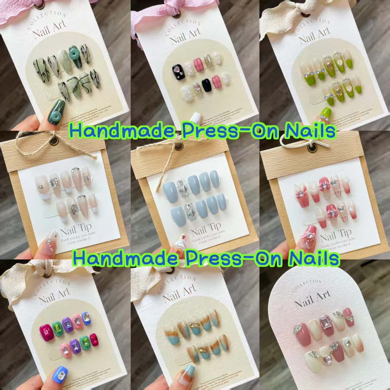 

10pcs New Collection Handcrafted Press On Nails Fake Nails with Gel Polish Detachable and Reusable 4-PIECE Tool Nail Glue Tabs