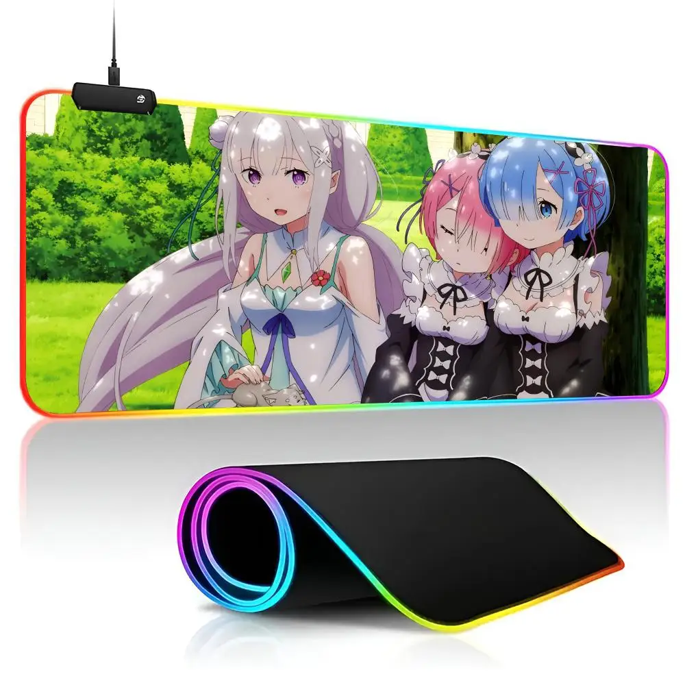 Re Zero Rem Lem Emilia     Mouse Pad  game RPG 40x90cm Mouse Mat Gaming Mousepads LED Keyboard Mats Luminous Desk Pads Mouse Pad