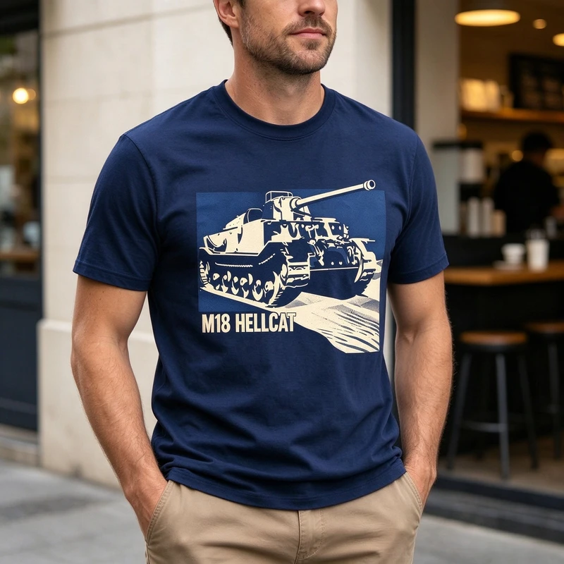 M18 Hellcat WWII Military Tank Print T‑Shirt Men Vintage History Theme O‑Neck Short Sleeve Tees Daily Casual Cotton Male Tops