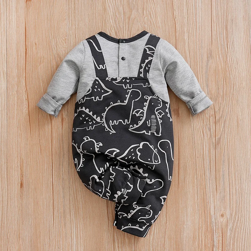 0-18m Baby Jumpsuit Cute Shoulder Strap Dinosaur Print Comfortable And Soft Spring And Autumn Long Sleeved Newborn Clothes