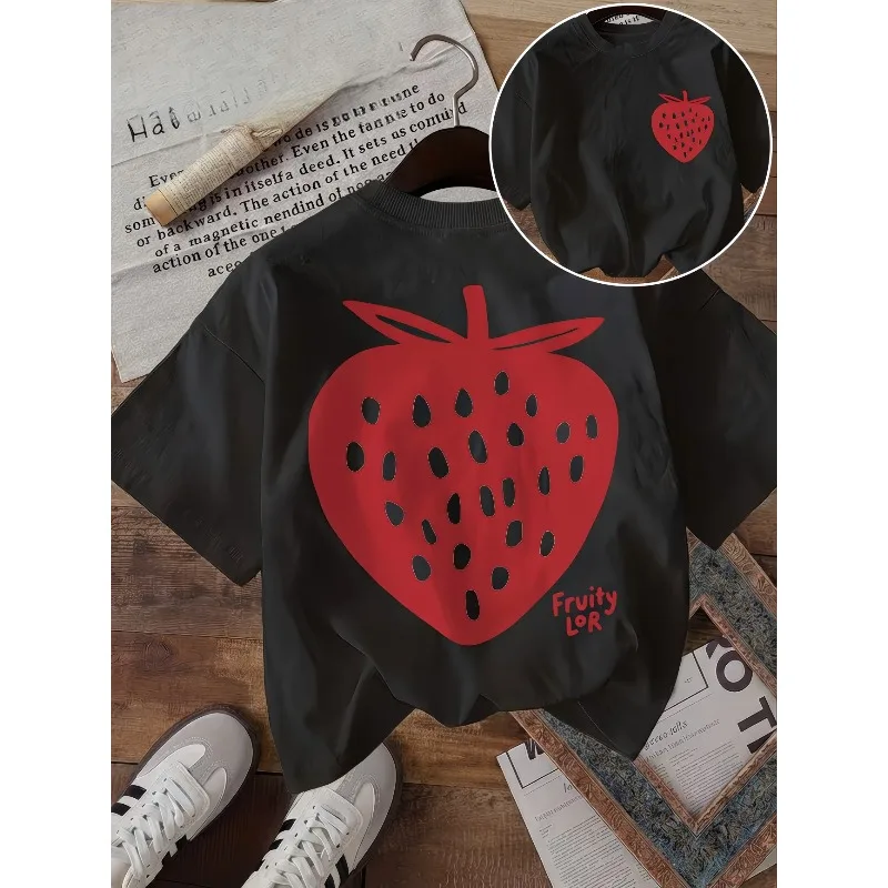 Retro Strawberry Fruit Pattern T-shirt Fashion Aesthetics Summer Atmosphere Women's Leisure Vacation Short Sleeve Women's Top