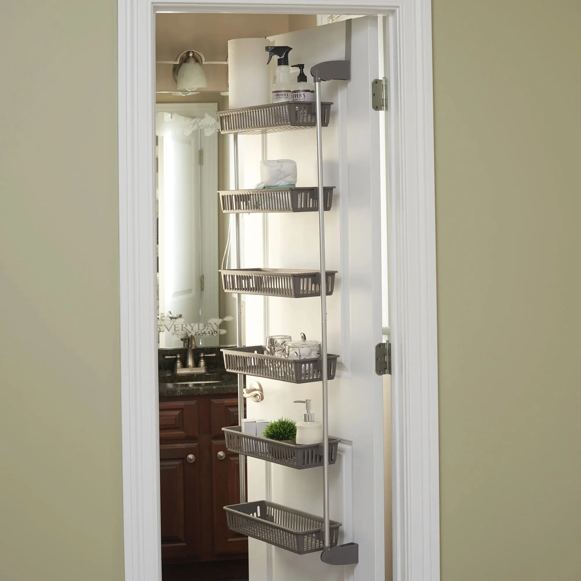

Six-tier over-the-door hanging organizer in gray with six baskets for versatile storage options