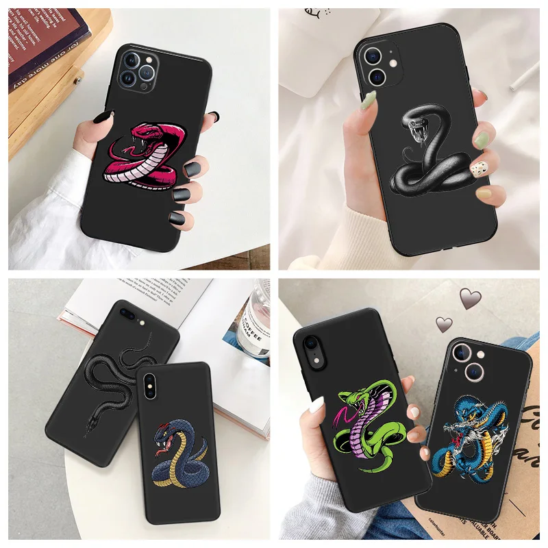 Silicone Black Phone Cases for iphone 16 Pro Max 7 8 14 15 Plus SE XR 11 12 13 Mini 15Pro Red Blue Snake Cobra Python Soft Cover