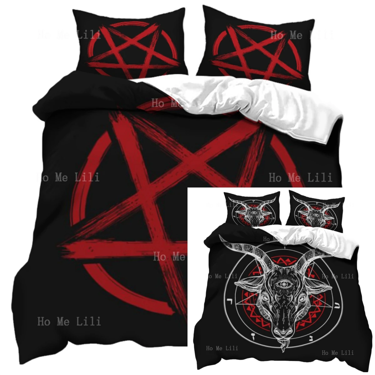 Pentagram Blood Red Rune Spell Circle Satanic Art Evil Goat Head Duvet Three Piece Bedding Set