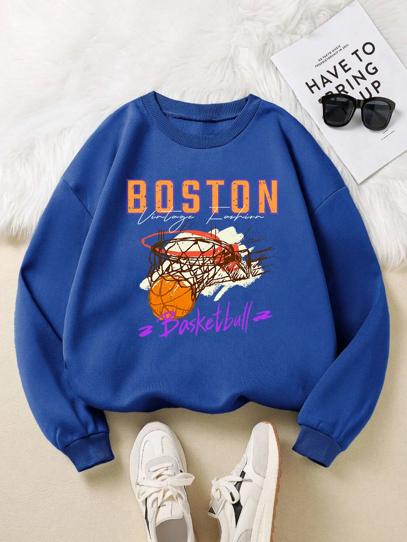 Street Men Woman Hoodie Boston Basketball Printing Sweatshirt Fleece Warm Loose Crewneck Pullover Autumn Casual Couple Clothes