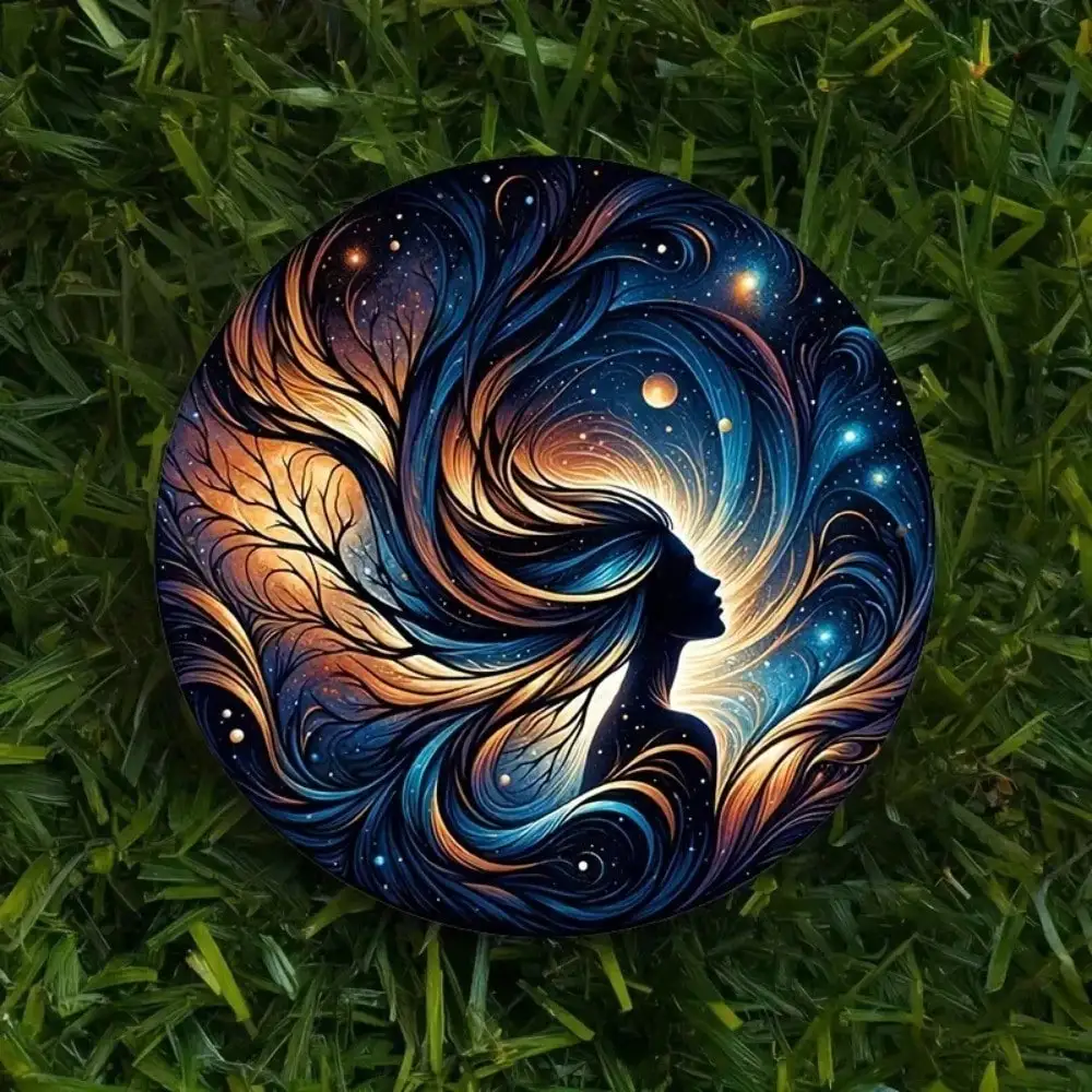 2D Flat High Definition Metal Wall Art Mystical Cosmic Woman Silhouette with Flowing Galaxy Hair and Tree of Life Nebula Stars a