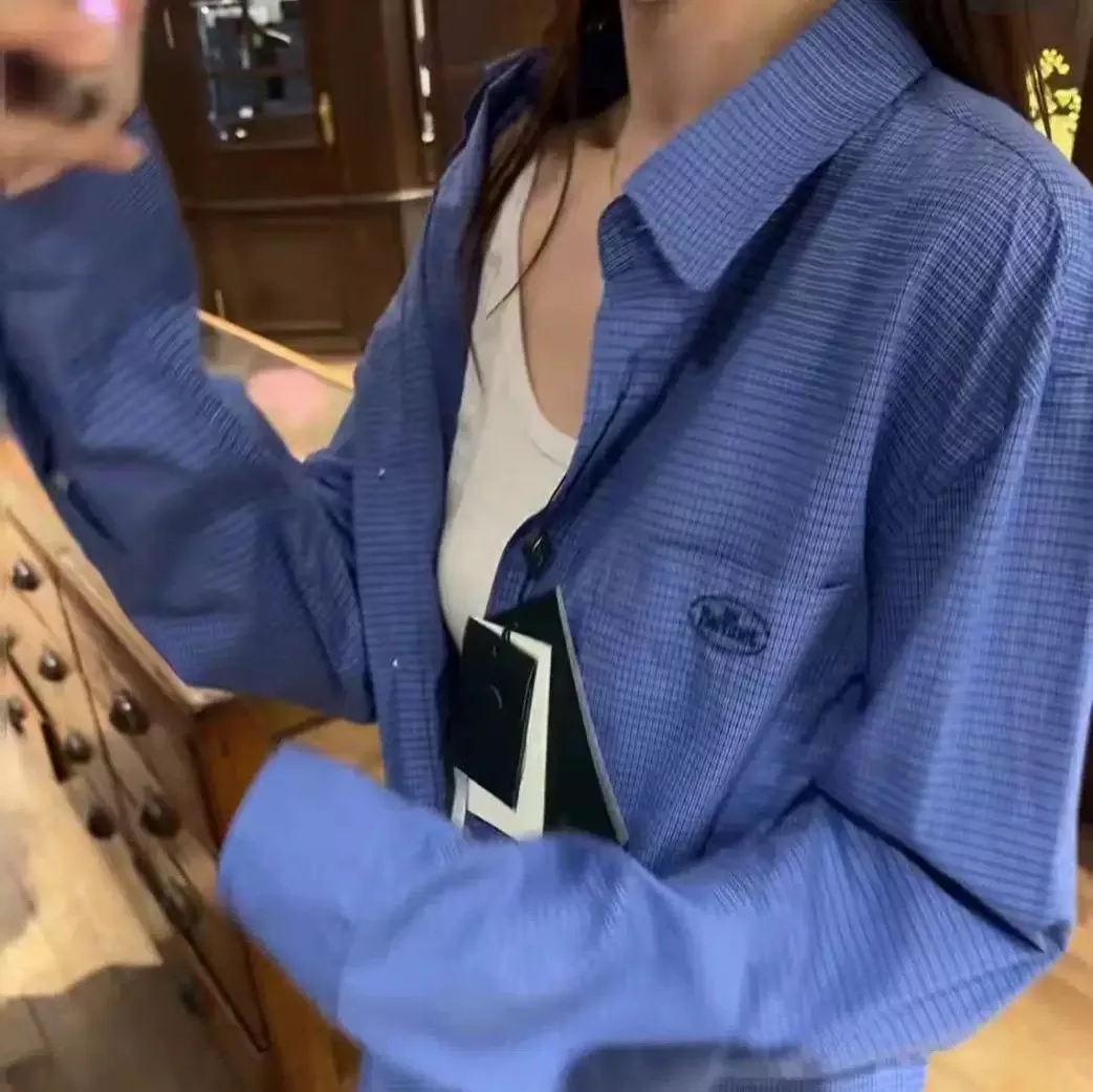 Thebarnnet Corea Camisa holgada, versátil, informal, a cuadros pequeños, de manga larga, blusa azul para mujer