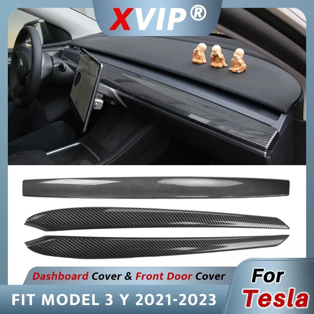 XVIP For Tesla Model 3 Y 2021-23 ABS Dashboard Armrest Front Door Cover Trim Interior Glossy Matte Black Carbon Fiber Integrated