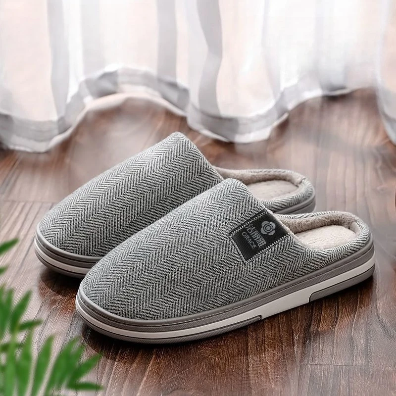 Men's Winter Cotton Slippers Plus Size Fleece Lined Warm Indoor Home House Non Slip Anti Odor Quiet Plush Soft Bedroom Shoes