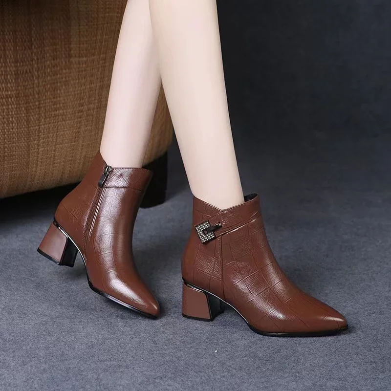 Women Autumn Winter Boots Women Shoes Pure Color Booties Drill Buckle Strap Square Heel Single Shoes Outdoor Warm Shoes