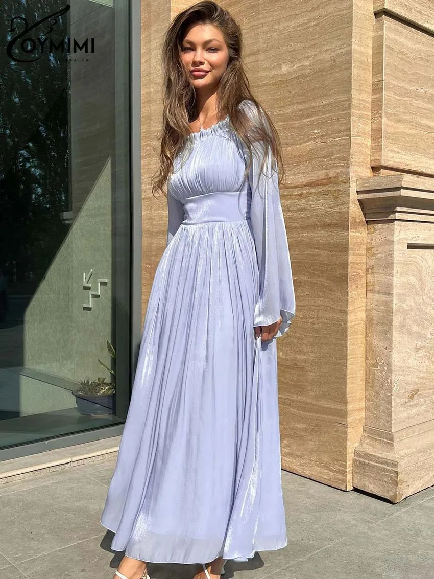 

Oymimi Casual Blue Square Neck Dresses For Women Elegant Ruffled Long Sleeve Dresses Fashion High Waisted Ankle-Length Dress