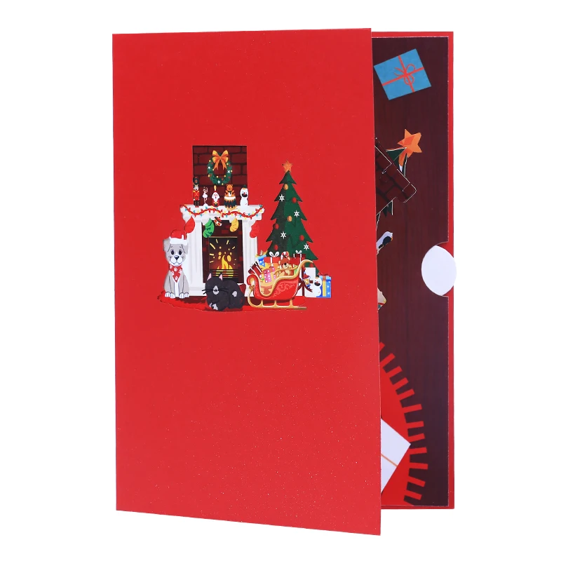بطاقة تهنئة منبثقة ثلاثية الأبعاد لمدفأة عيد الميلاد مع بطاقة رسالة مغلف، هدية سانتا لعيد الميلاد، فكر فيك، بطاقة شكر