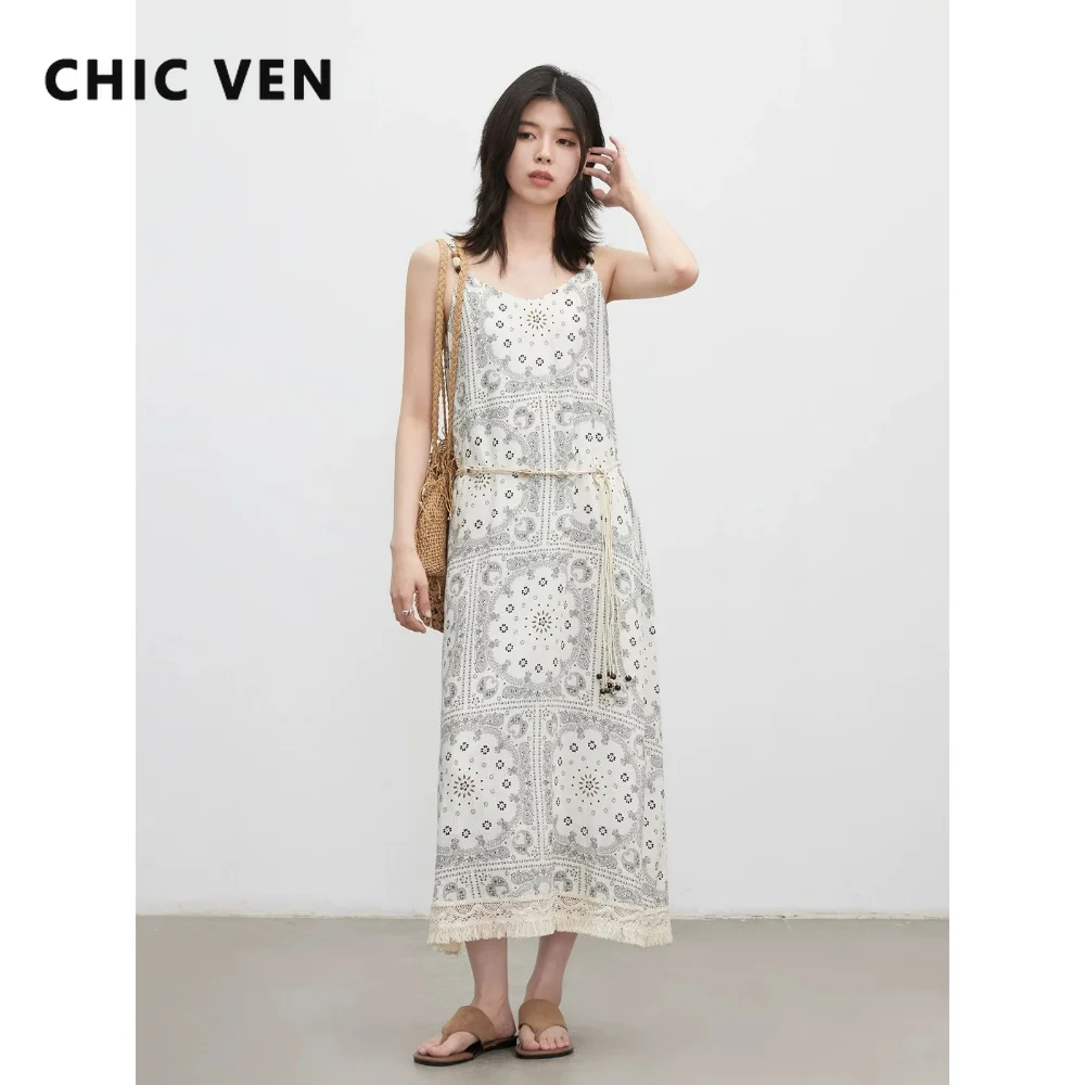 CHIC VEN Modische Damenkleider: Lässiges, neues Urlaubskleid im Bohème-Stil mit Cashew-Print, Quasten und V-Ausschnitt, Damen-Trägerkleid für den Sommer 2026