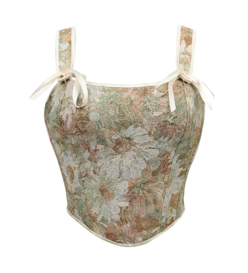 Women French Short Corset Crop Tops Spicy Niche Chrysanthemum Country-Style Vest Halter Fishbone Corsets