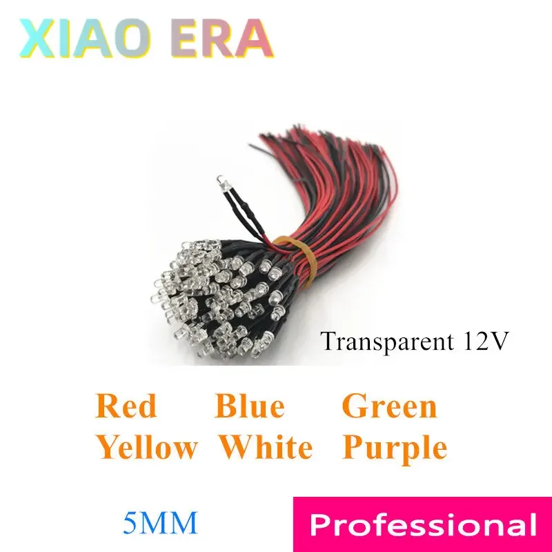 

1000pcs 5MM 12V LED with wire 20CM Red Blue Green Yellow White Purple Transparent Prewired Emitting Diode Light