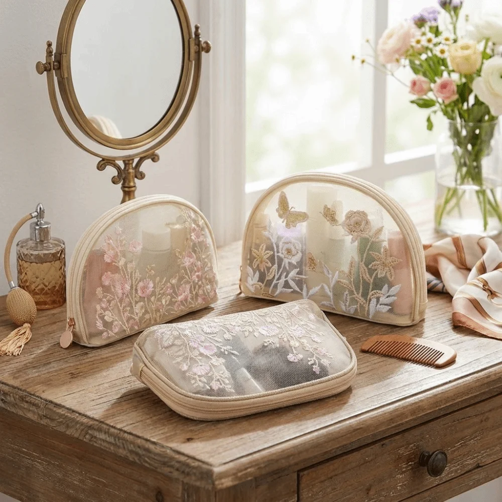 Washbag Embroidery Mesh Makeup Storage Bag Butterfly Handheld Travel Toiletry Bag Shell Zipper Cosmetic Pouch Home Travel
