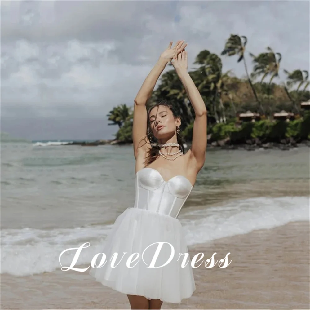 Robe de mariée sans bretelles en tulle simple, robe de mariée dos nu au-dessus du genou, coupe trapèze personnalisée, amour sexy, chérie, tache