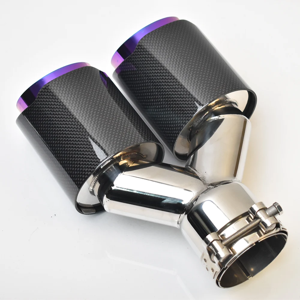 1PC Glossy Straight Carbon Stainless Steel Dual tip Equal Length Muffler Pipe End tail Middle Purple Exhaust Tip With Remu Logo