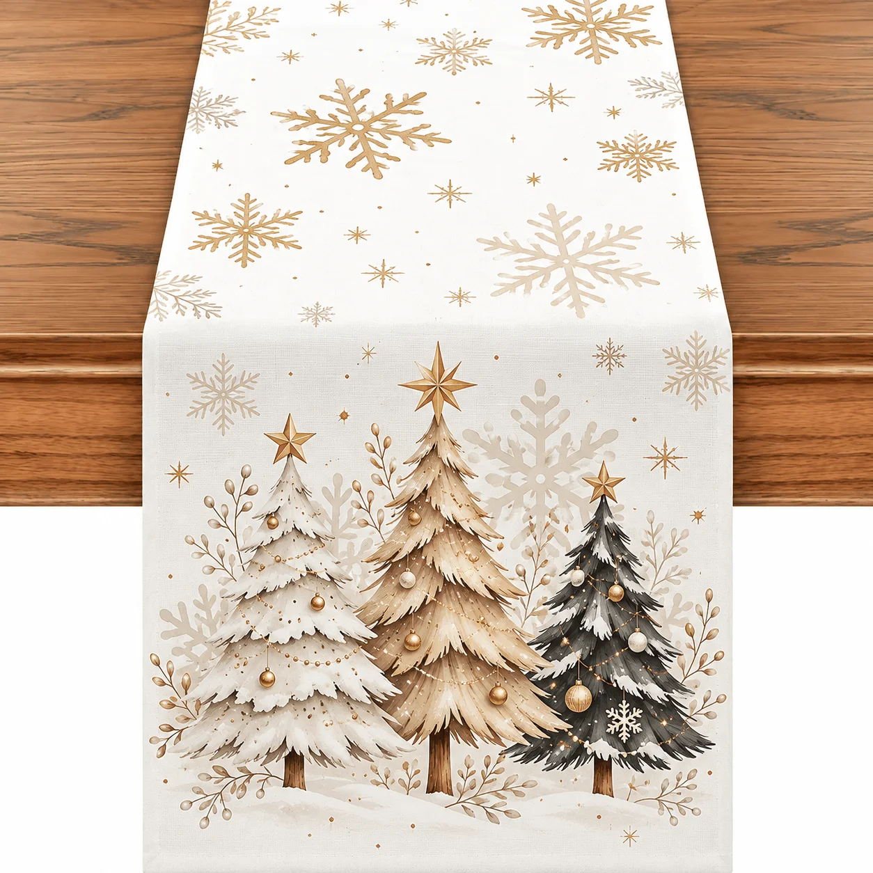 1-Piece table flag, Christmas snowflake gold Christmas tree linen table flag, cream white background
