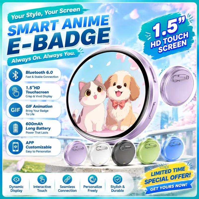 HD Electronic Badge Display Screen 1.50-inch HD Display Bluetooth 6.0 GIF Video Playback Touch Screen LED Audible Video Play