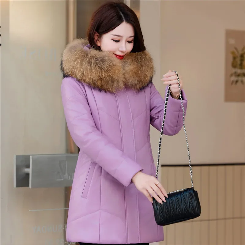 Winter New Leather Down Cotton-Padded Jacket Women Overcoat Mid-length Thicke Warm Parka Fur collar Hooded Leather Cotton Jacket