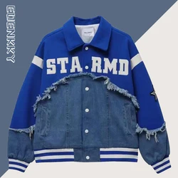 Vintage Denim Patchwork Jackets Men Letter Patch Varsity Jackets Unisex Harajuku Y2K Coat Jeans Outwear Spring Autumn Streetwear