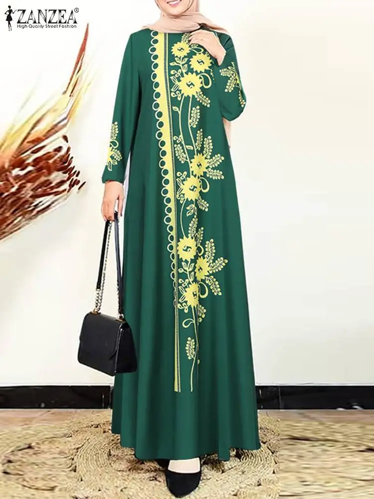 

ZANZEA Women Muslim Fashion Abaya Maxi Dress Elegant Floral Print Long Sleeve Long Robe Casual O Neck Islamic Vestidos Kaftan