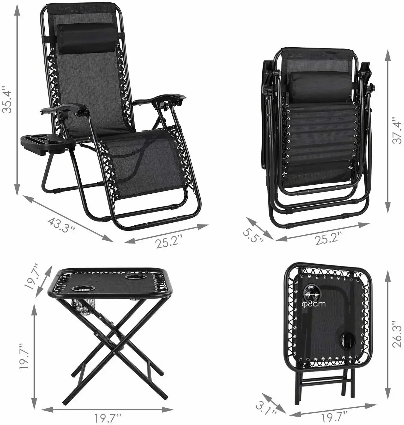 Zero Gravity stoelset 3-delige loungestoel voor buiten, fauteuils met bijzettafel, hoofdsteun en bekerhouders voor terras, tuin, zwembad, strand