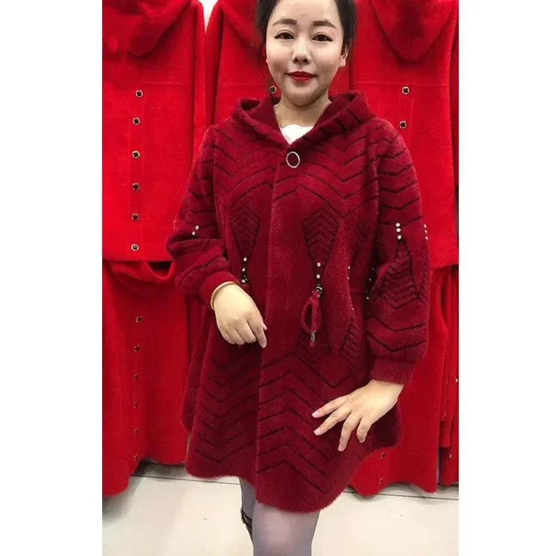 2024 New Autumn Winter Middle Aged Elderly Mother Imitation Mink Velvet Coat Women Long Thicken Hooded Knitted Cardigan Female