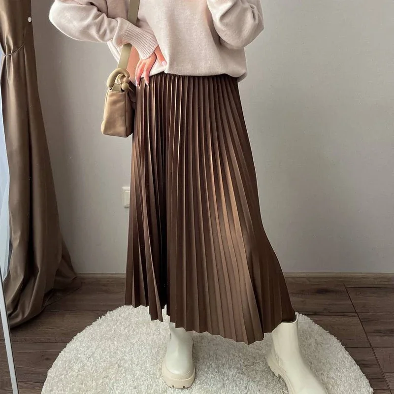 

2025 Women's A-Line Pleated Long Skirt High Waist Stretch Elegant Maxi Skirt Femme Spring Skirt