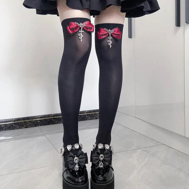 

Gothic Cross Snake Over Knee Lace Bowknot Stockings Women Kawaii Stockings Knee-socks Black Stocking Thigh High Long Socks