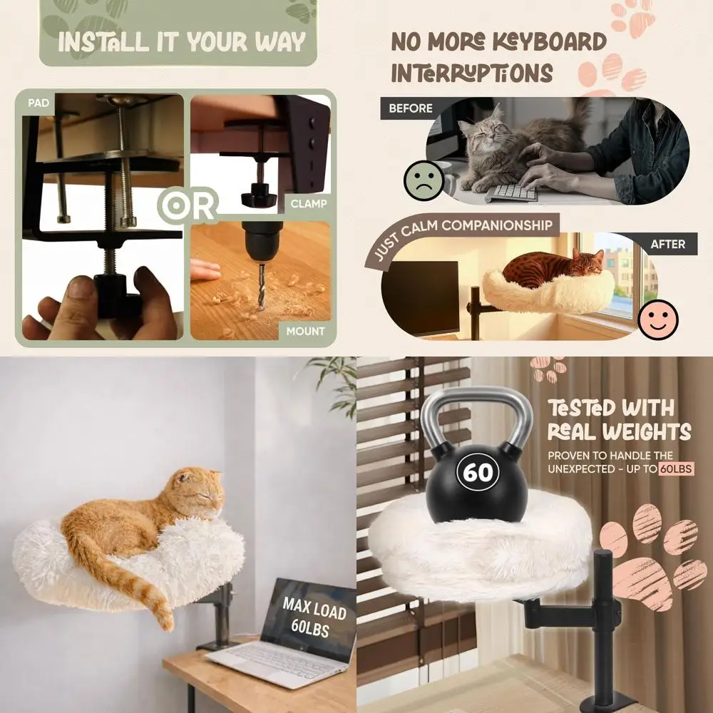 

360 ° Вращающаяся и регулируемая по высоте лежанка для кошек на стол, выдерживает до 27 кг, плюшевый гамак для офисных столов